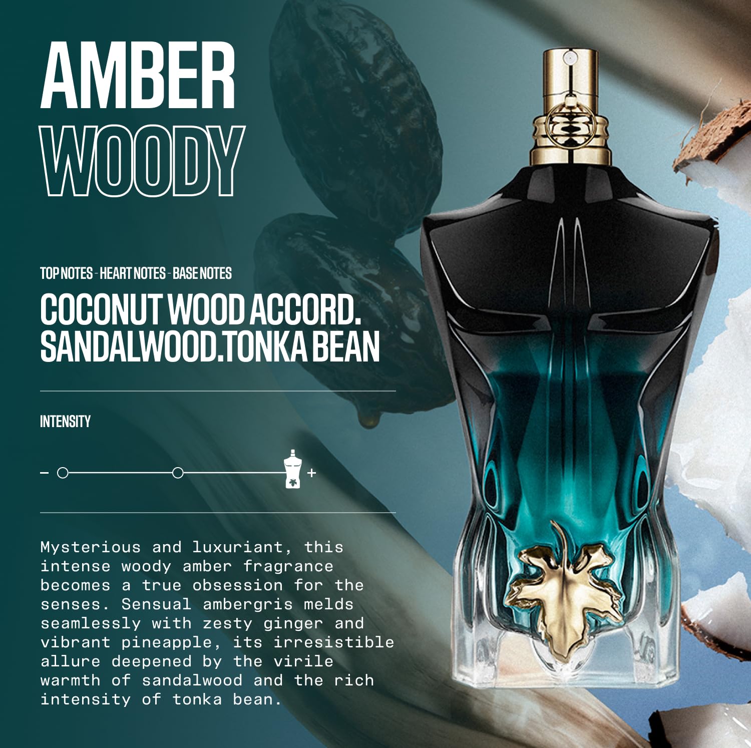 Jean Paul Gaultier Le Beau Le Parfum Intense for Men - Long Lasting Woody Amber Men's Cologne Eau de Parfum with Coconut Wood, Tonka Bean & Sandalwood - Designer Fragrance Spray